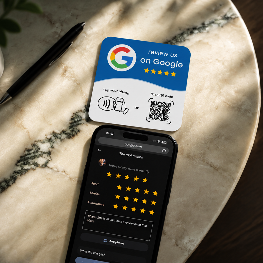 Card NFC Google appoggiata su un tavolo accanto a uno smartphone che mostra la pagina recensioni
