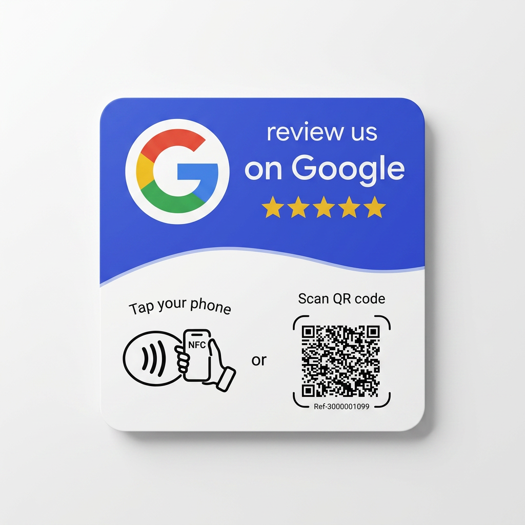 Card NFC + QR code per recensioni Google appoggiata su una superficie chiara
