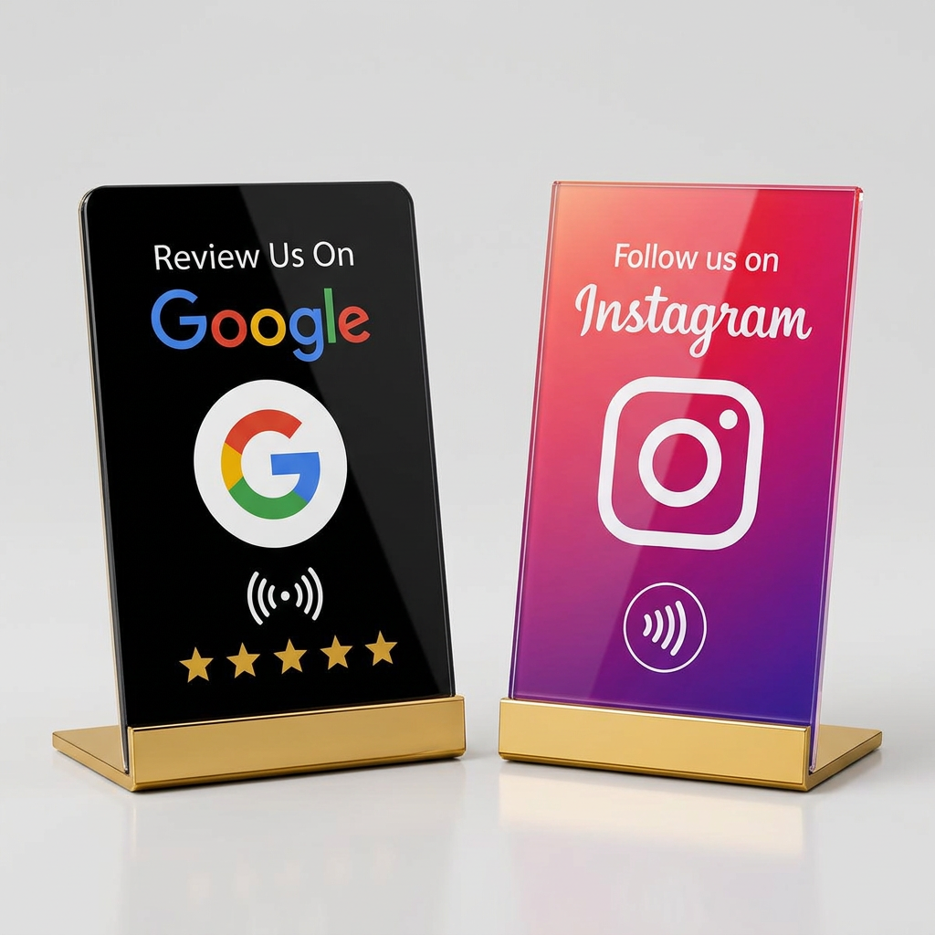 Stand premium NFC per recensioni Google e Instagram affiancati, con base dorata